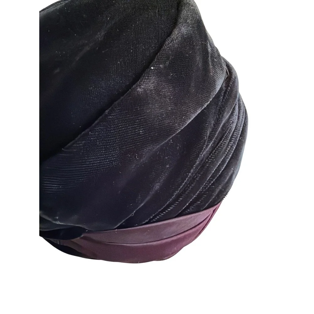 Vintage Pillbox Hat Black Velvet Burgundy Satin Draped Union Made Retro 50s 60s - Picture 4 of 7